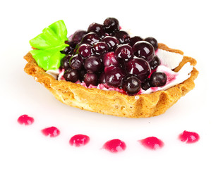 tasty cake with cream and blueberries isolated on white