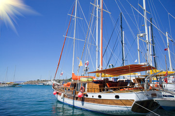 Beautiful,amazing yachts at coast Aegean sea.