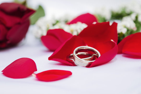 Eheringe in roten Rosenbl&auml;ttern