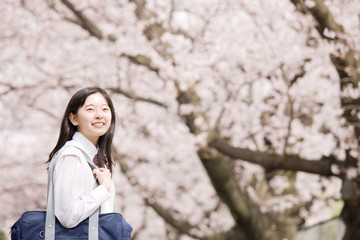 桜の下で笑っている女子中学生