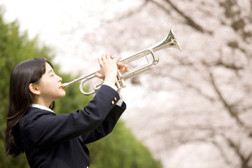 桜の下でトランペットを吹く女子中学生
