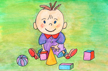 Baby playing. Original hand drawing.