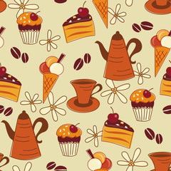 Seamless pattern with coffee, cupcake, cake and ice cream