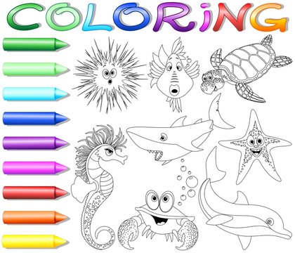 Animali Mare Colori Pastelli-Sea Animals Coloring Book-Vector