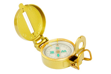 Old style brass compass on white background