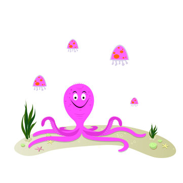 Funny cartoon octopus and jellyfish