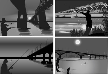 four grey illustrations with fishermen