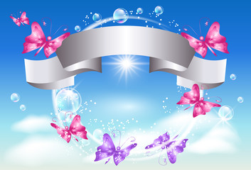 Silver ribbon, clouds  and  butterfly