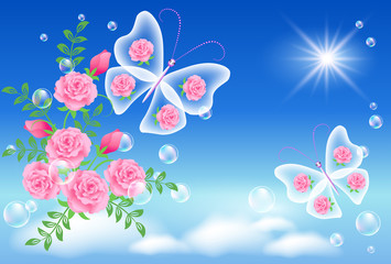 Fototapeta na wymiar Sky, flowers, and butterfly