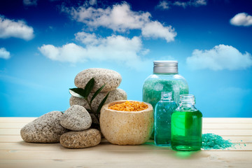 Fototapeta na wymiar Spa and aromatherapy - oils and bath salt