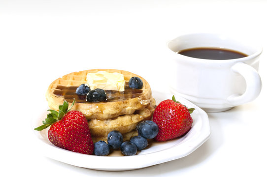 Waffles and Fruit Breakfast with Coffee