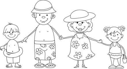 Счастливая семья, держась за руки в купальнике