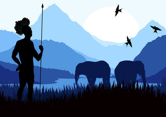 Elephant family and hunter in wild nature landscape illustration