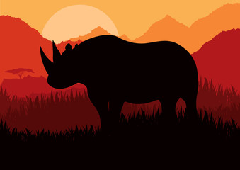 Rhino in wild nature landscape
