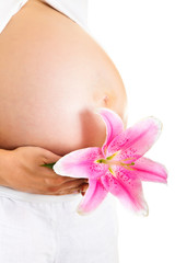 Pregnant woman holding lillies isolated on white