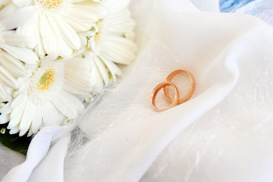 white gerbera and wedding rings