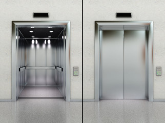 Open and closed elevator in lobby