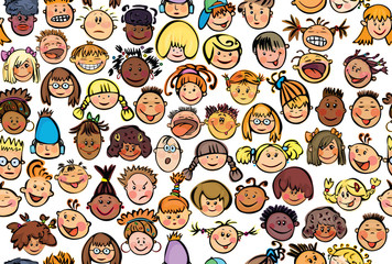 Seamless pattern of kids, different races.
