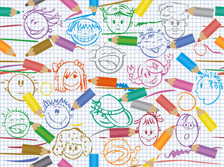Seamless pattern of color pencils on paper with kid's faces.