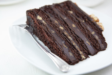 Piece of dark chocolate cake with nuts