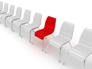 red chair in the row of white chairs