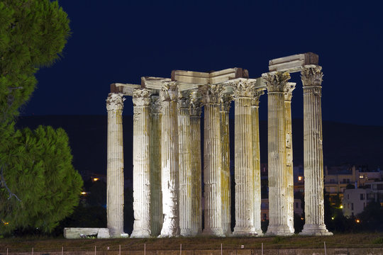 Temple of Olympian Zeus in Athens Greece by night
