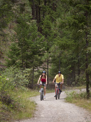 Obraz premium Couple Cycling on Forest Trail