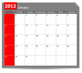 calendar of January 2012 isolated on white background