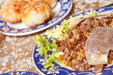 Uzbek national dish - plov with horse meat