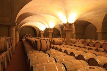 Weinkeller Barrique Rotwein Holzfässer Piemont, Italien - 33989479