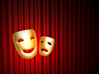 comedy and tragedy masks over red curtain