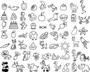 набор иконок детских продуктов питания и животных - obrazy, fototapety, plakaty