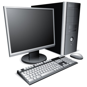 Desktop computer with lcd monitor, keyboard and mouse.