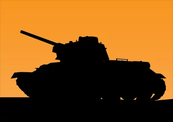 Wall murals Military tank silhouette against the background of orange sunset