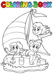 Papier Peint photo Lavable Pour enfants Livre de coloriage avec yacht et enfants