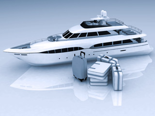 Fototapeta na wymiar yacht and luggage from suitcases on a white background