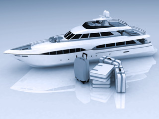 yacht and luggage from suitcases on a white background