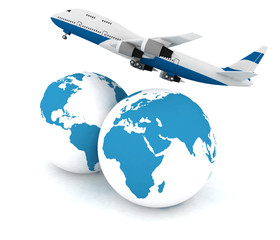 airliner with two globe in the white background