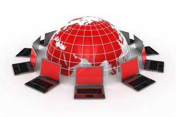 3d Laptops connected around the red world isolated
