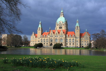Hannover new town hall after the rain storm, Germany