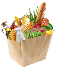 Paper bag with food on a white background.