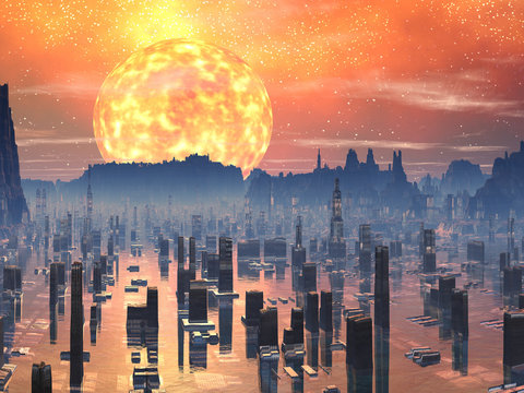 Flooded Future City with Red Giant Sun
