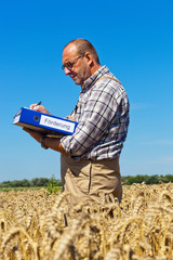 Bauer mit Mappe "Förderung" auf Getreidefeld