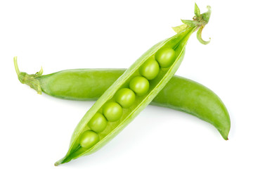 Fresh green pea pod over white background