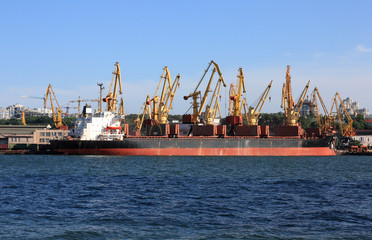 trading seaport with cranes and cargo ships