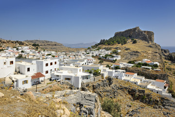 View over iconic town and Acropolis of Lindos