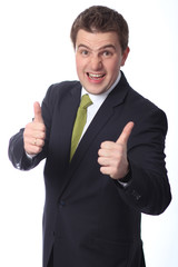 young businessman standing against isolated white background