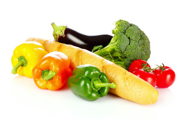 vegetables and bread isolated on white