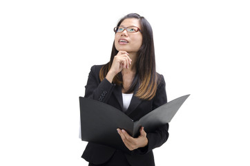 Young women holding file standing having thought.