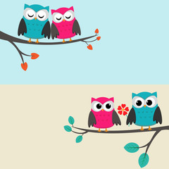 Two cards with couples of owls sitting on branches.